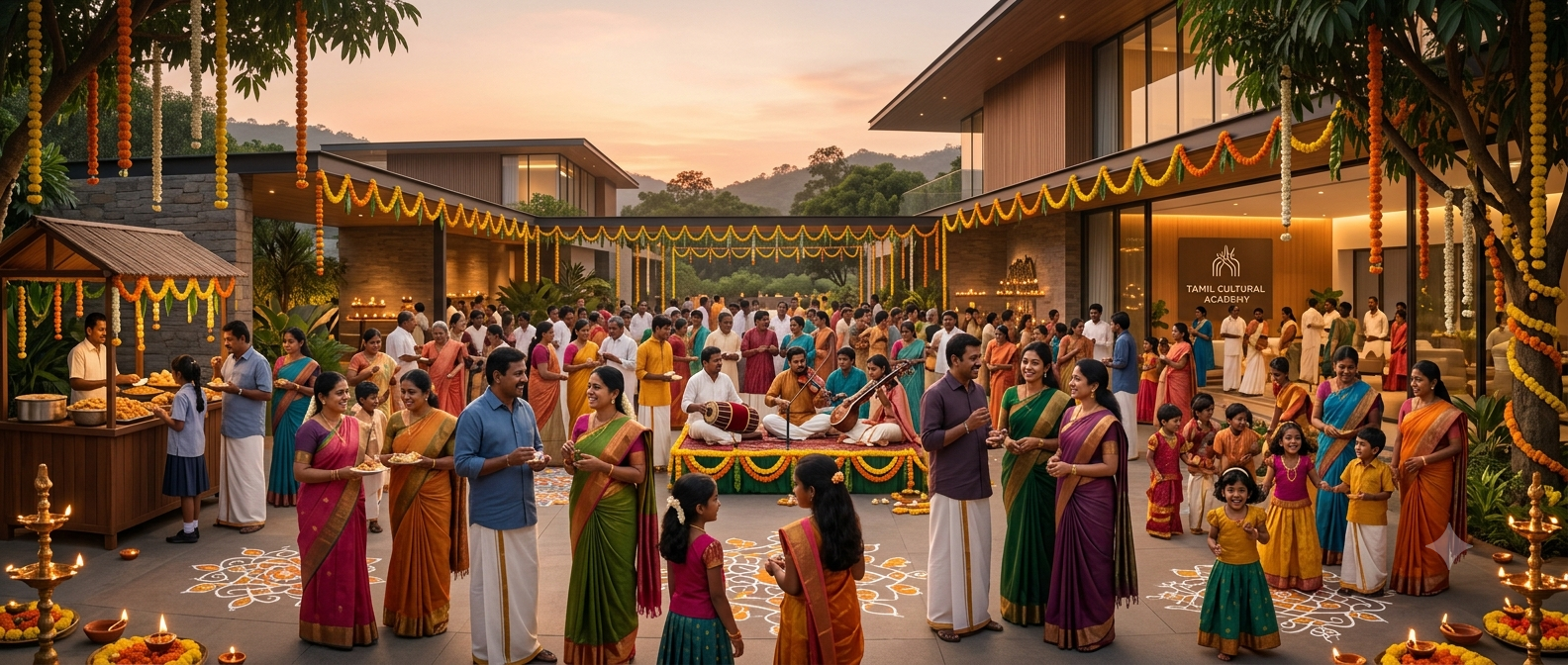 Families celebrating a Tamil cultural festival