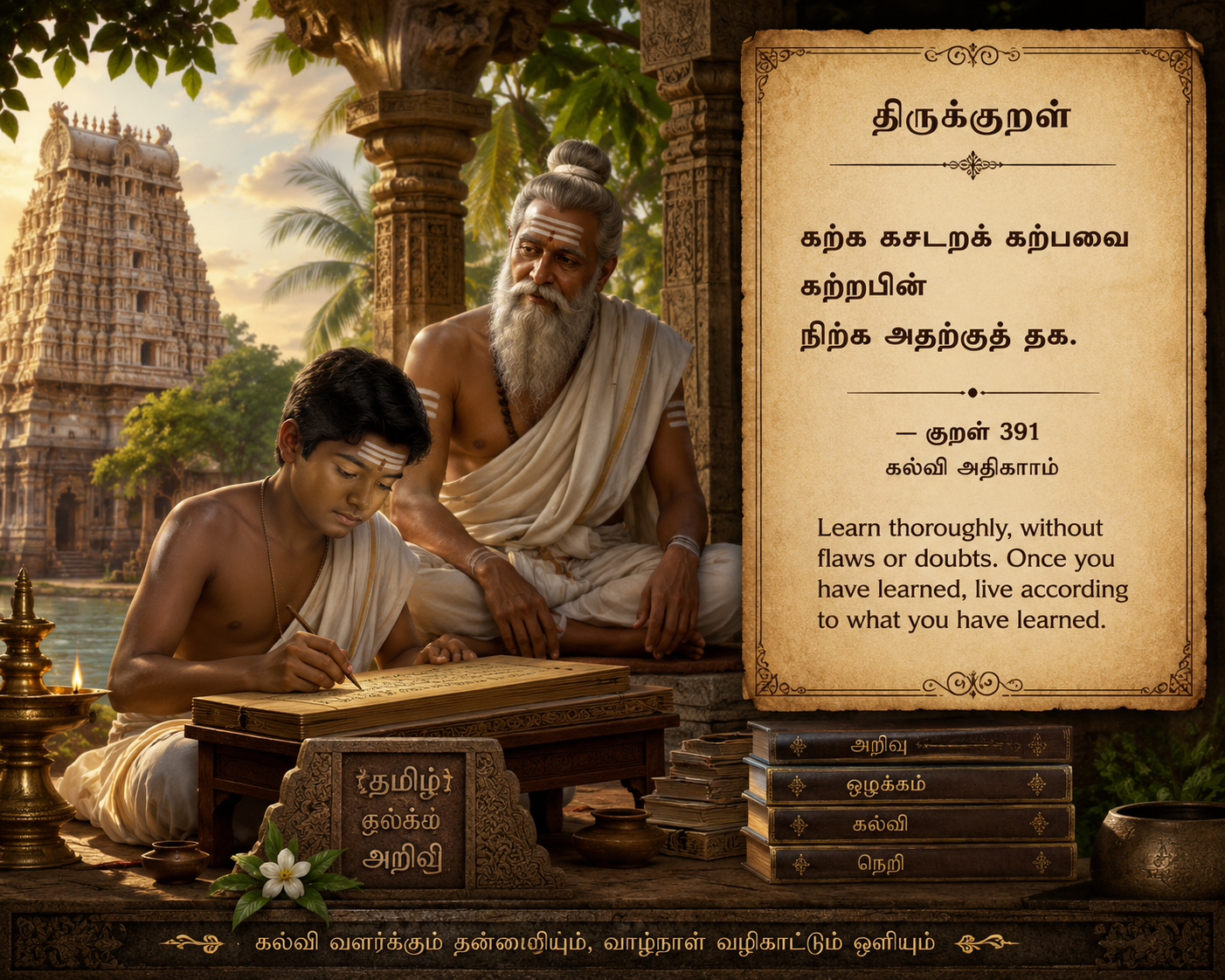 A guru teaching a student to write Tamil on palm leaves, illustrating Thirukkural verse 391